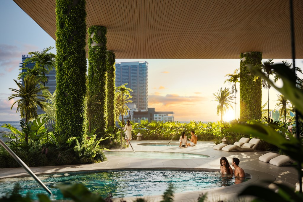 A group of people participate in a Onsen ritual circuit in the Mercedes-Benz sites in Miami during the appearance of boats in Miami